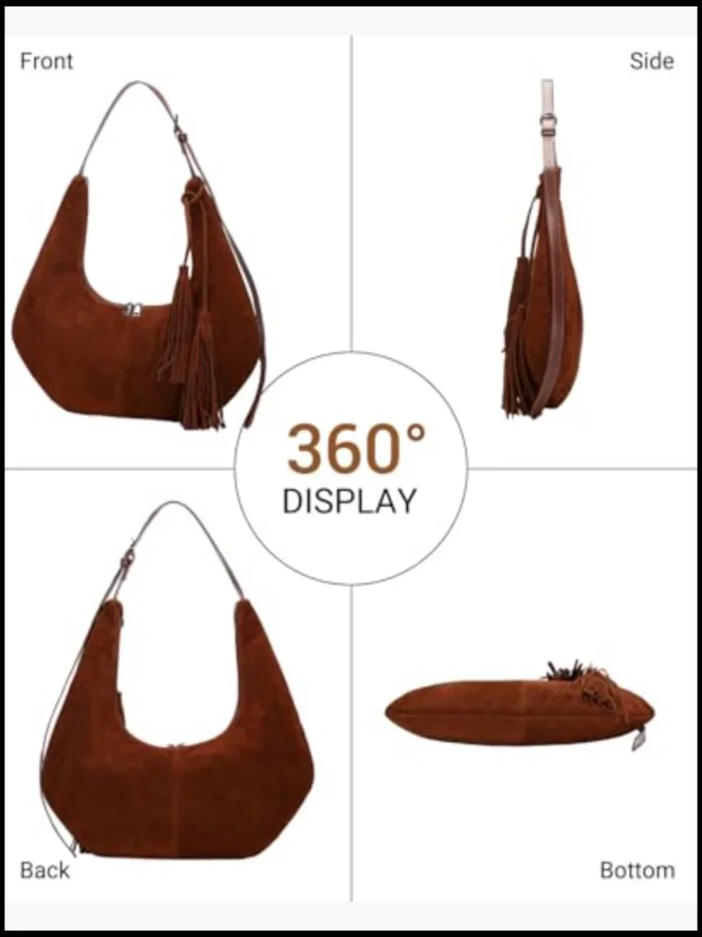 Tassel Suede Hobo Shoulder Bag Slouchy Crescent Crossbody Purse with Adjustable